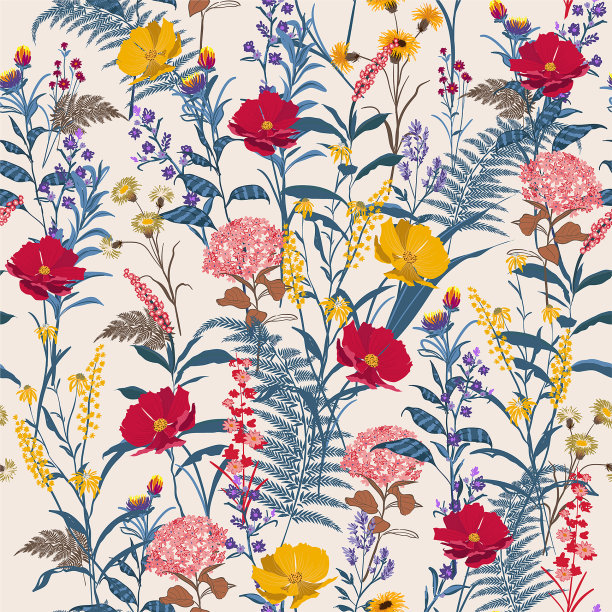 新潮鲜艳的花卉图案在多种花卉中。植物图案分散随机。无缝矢量纹理。时尚图案。手绘印刷图片下载