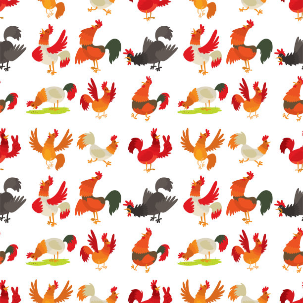 可爱的卡通公鸡矢量插图鸡农场动物农业家庭人物无缝图案背景图片下载