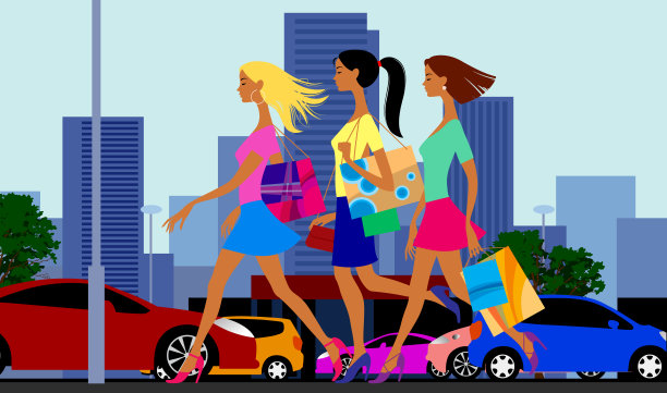 街道的城市购物女孩，汽车和现代建筑图片下载