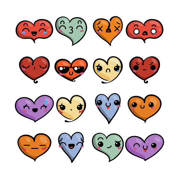一套可爱可爱的表情。涂鸦可爱的脸，甜蜜和天真的漫画卡通风格。图片下载