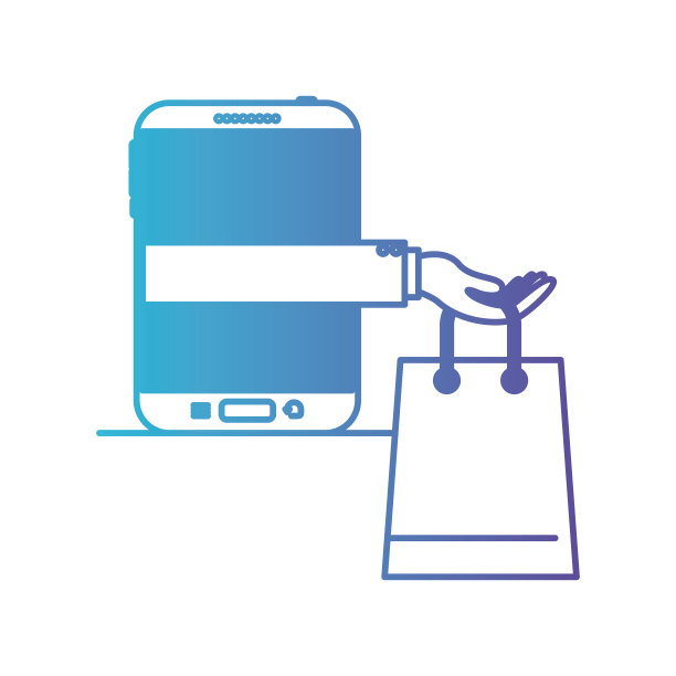 平板设备与手持购物袋网上购买在退化蓝色到紫色的颜色轮廓图片下载