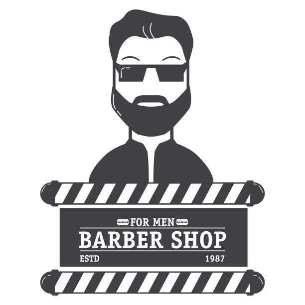 沙龙的美发沙龙用文字和锋利的剃须刀。那个戴着太阳镜留着胡子的男人。图片下载