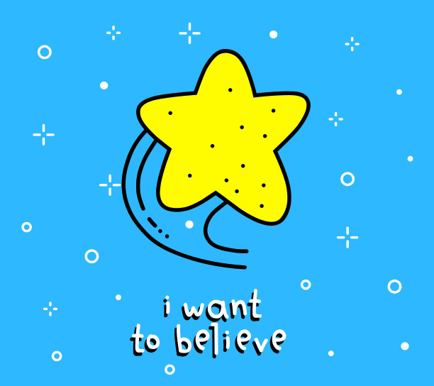 卡通对象在蓝天背景与文本。矢量彩色插图的大黄色星星。图片下载