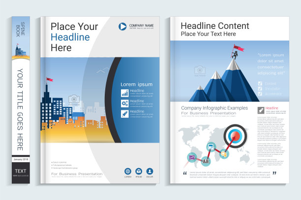 封面书设计模板与演示信息图元素，用于年度报告，提案，投资组合，小册子，传单，传单，目录，杂志，小册子，矢量模板A4布局。图片下载