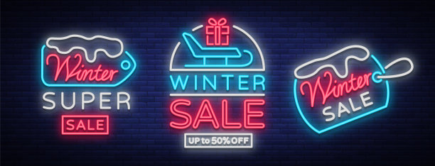 冬季特卖是一组霓虹灯风格的海报。设置霓虹招牌，鲜艳的传单，闪亮的横幅，夜间非霓虹广告的主题冬季假期折扣。矢量图图片下载