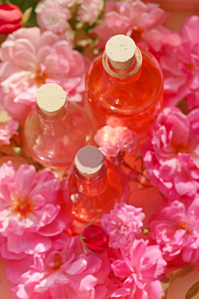 玫瑰油。玫瑰水疗套装。玫瑰花瓣油，玻璃瓶玫瑰水。玻璃瓶里的天然玫瑰油和木托盘里的粉色玫瑰。按摩，芳香疗法和有机化妆品的概念图片下载
