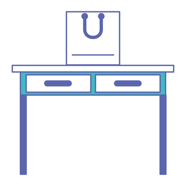 书桌桌子与抽屉正面视图与购物袋上面在蓝色和紫色的部分剪影图片下载