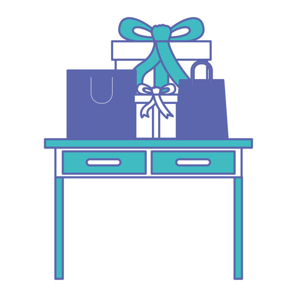 书桌桌子与抽屉正面视图与礼品盒和袋子上面在蓝色和紫色部分剪影图片下载