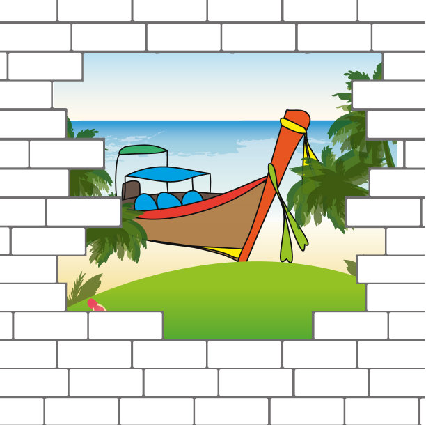 打破砖墙与美丽的海边海滩图片下载