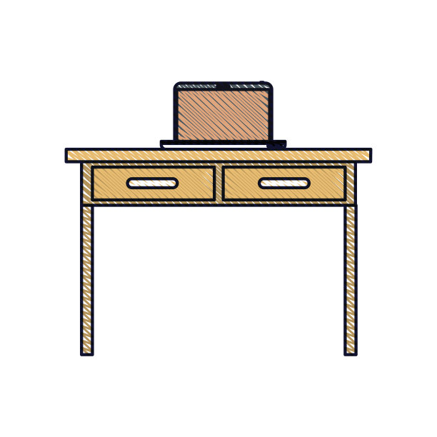 书桌桌子与抽屉和笔记本电脑上面的正面视图在彩色蜡笔剪影图片下载