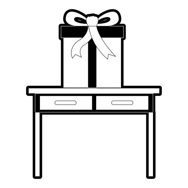 书桌桌子与抽屉前视图与大礼盒在黑色剪影图片下载
