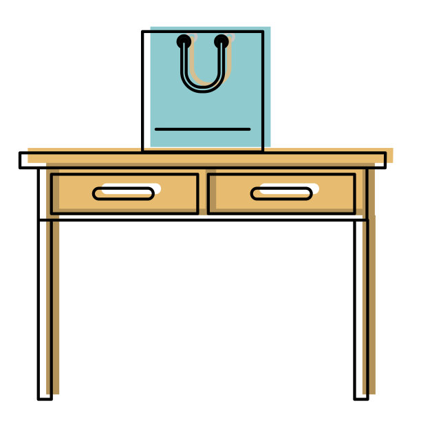 书桌桌子与抽屉正面视图与购物袋上面在水彩剪影图片下载
