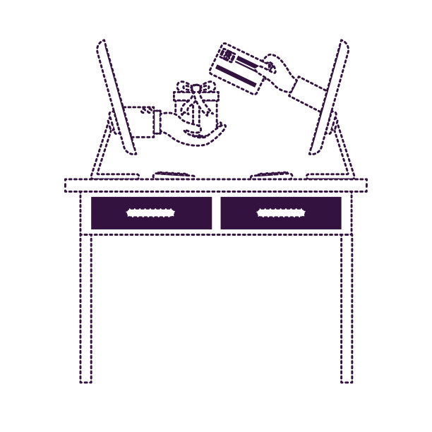 书桌桌子与抽屉前视图和桌面电脑与礼品网上购买在紫色虚线剪影图片下载