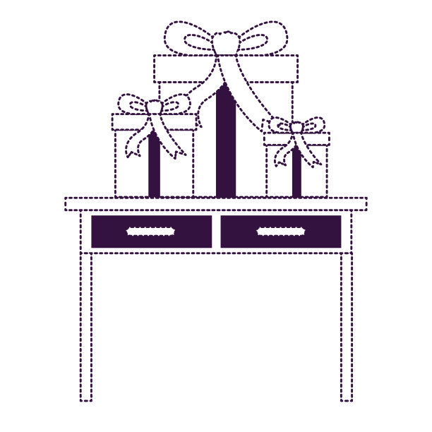 书桌桌子与抽屉前视图与礼品盒在紫色虚线剪影图片下载