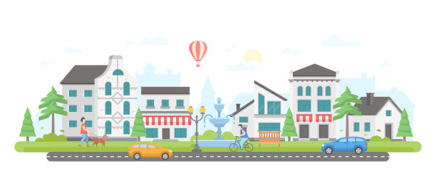 城市生活-现代平面设计风格矢量插画图片下载