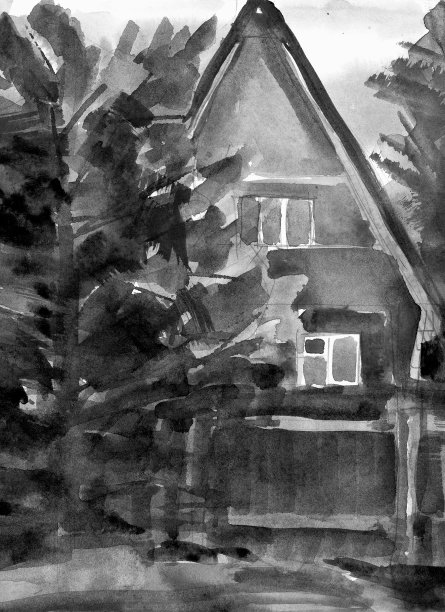 木屋在村庄，森林附近的小屋，素描插图图片下载