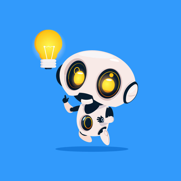 可爱的机器人抱着灯泡孤立的图标在蓝色的背景现代技术人工智能概念图片下载