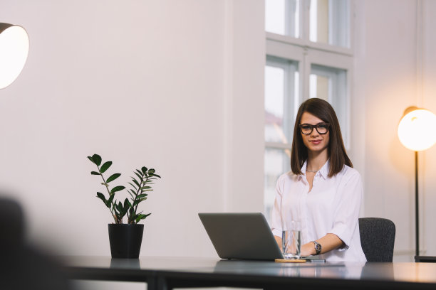 迷人的愉快的年轻商业女性工作在笔记本电脑和微笑，而坐在她的办公桌在明亮的办公室图片下载