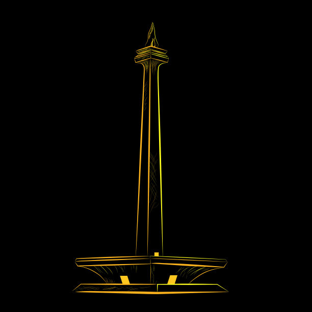 黄色和橙色的Monas草图-雅加达(印度尼西亚首都)地标/公共公园区域，黑色背景图片下载