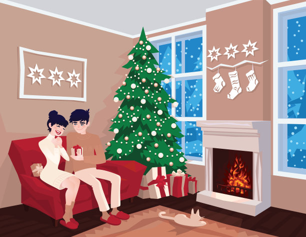 年轻夫妇在沙发和猫装饰客房内部与壁炉。家庭庆祝活动。圣诞树、礼物。舒适的家庭假期。向量。圣诞快乐。图片下载