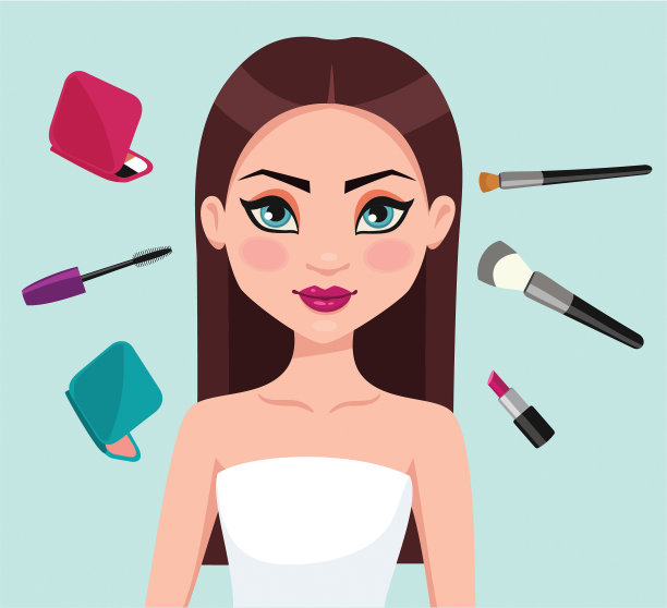 年轻女人和化妆工具。矢量插图。图片下载
