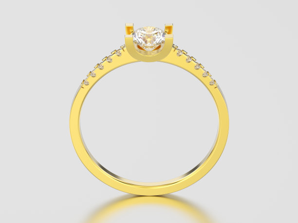 3D插图黄金订婚圆形切割形状戒指与钻石图片下载