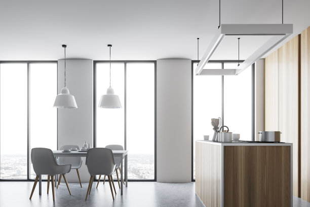 木制厨房和餐厅，台面一侧图片下载