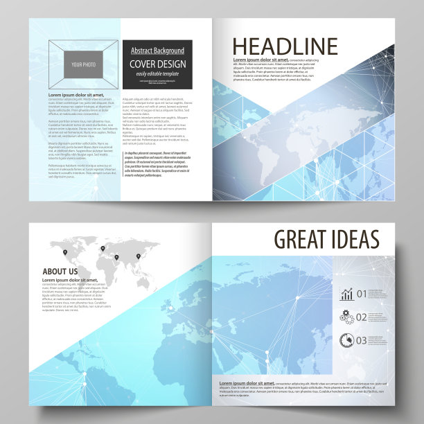 矢量插图的可编辑布局的两个封面模板为方形设计双折页小册子，杂志，传单，小册子。多边形纹理。全球联系，未来的几何概念图片下载