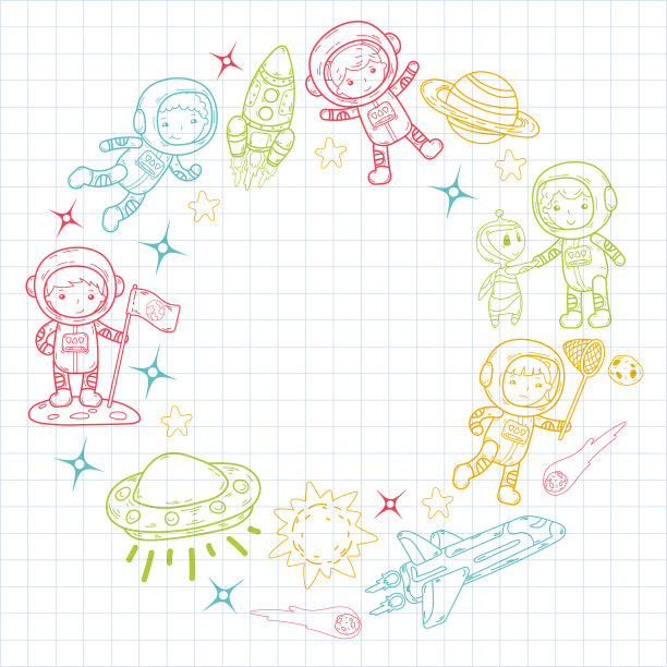 太空幼儿园，学校天文课儿童，涂鸦儿童插画Ufo，外星人，月球表面，地球，木星，土星，火星矢量图标图片下载