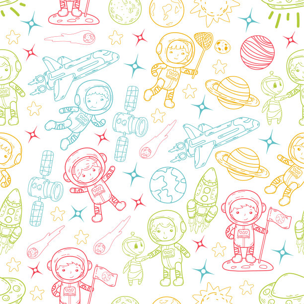 太空幼儿园，学校天文课儿童，涂鸦儿童插画Ufo，外星人，月球表面，地球，木星，土星，火星矢量图标图片下载