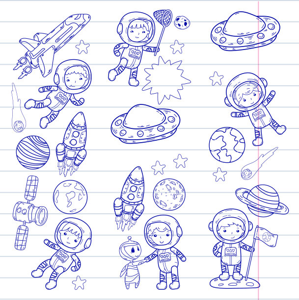 太空幼儿园，学校天文课儿童，涂鸦儿童插画Ufo，外星人，月球表面，地球，木星，土星，火星矢量图标图片下载