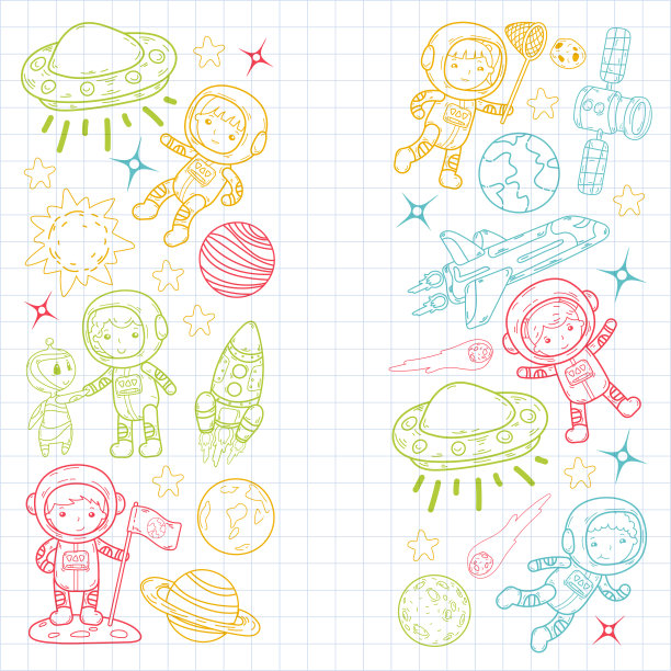 太空幼儿园，学校天文课儿童，涂鸦儿童插画Ufo，外星人，月球表面，地球，木星，土星，火星矢量图标图片下载