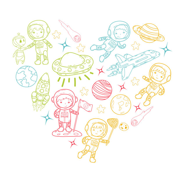 太空幼儿园，学校天文课儿童，涂鸦儿童插画Ufo，外星人，月球表面，地球，木星，土星，火星矢量图标图片下载