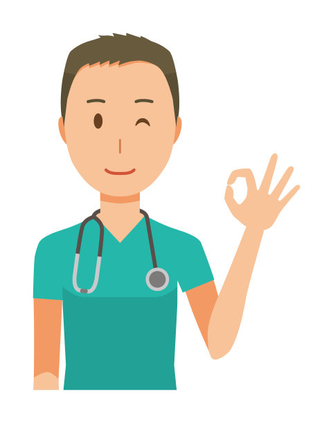 一个戴着绿色磨砂膏的男医生正在做一个“好”的标志图片下载