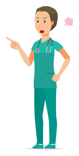 一个戴着绿色磨砂膏的男医生生气地指着他的手指图片下载