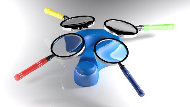 蓝色3D问号上的放大镜- 3D渲染图片下载