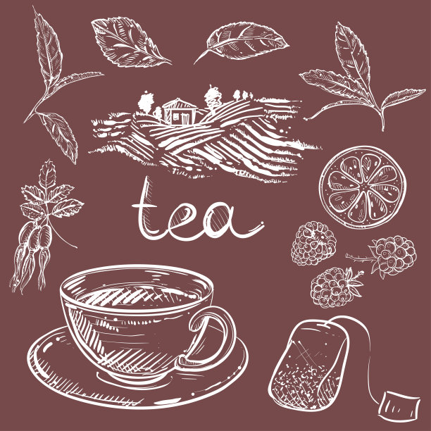 手绘单色向量套茶杯，叶子，狗，覆盆子，农场。草图。向量eps 8。图片下载