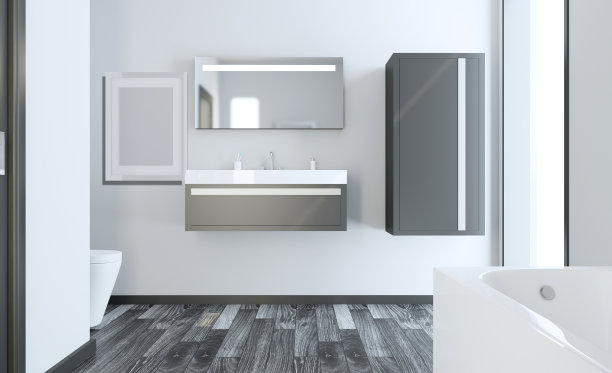 宽敞的浴室在灰色调与加热地板，独立式浴缸。3 d渲染。空的图片图片下载