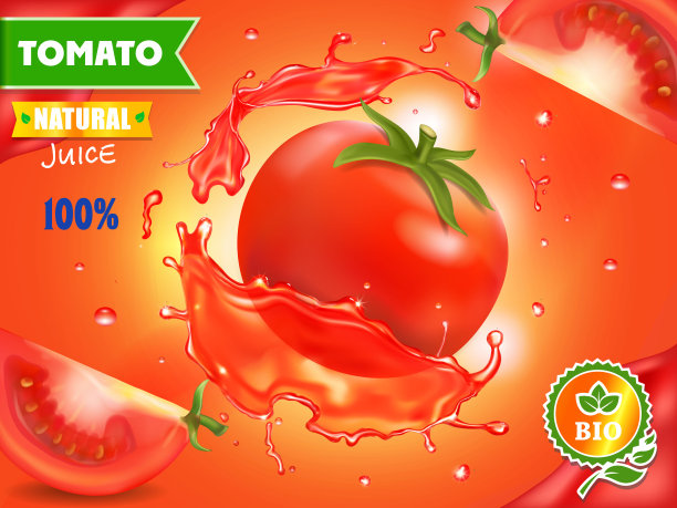 番茄汁逼真喷溅广告。向量,包装设计图片下载