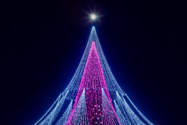 超级月亮和装饰圣诞树安装在立陶宛维尔纽斯大教堂广场。图片下载