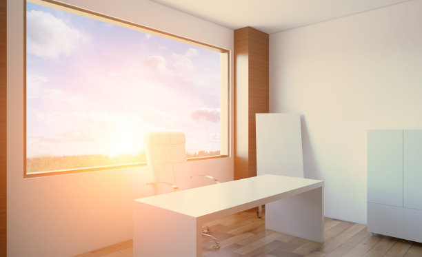 开放空间的办公室内部，类似于会议室。模型3 d渲染。日落。图片下载