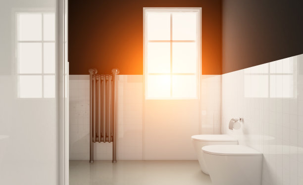 宽敞的浴室在灰色调与加热地板，独立式浴缸。3 d渲染。日落。图片下载