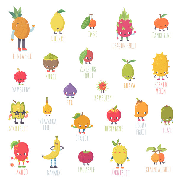 可爱卡通生活异国情调水果向量集。素材图片