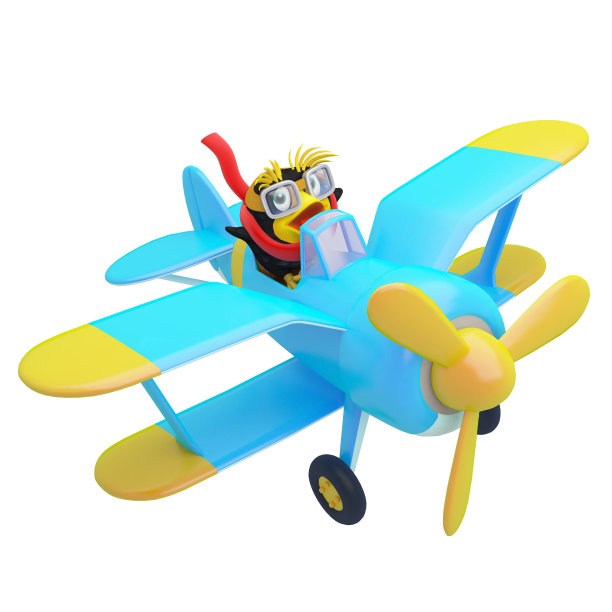 可爱的小企鹅坐着蓝色的飞机在天空中飞翔图片下载