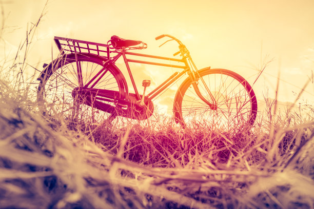 风景图片复古自行车与夏季草地在日落;古董过滤器风格。经典自行车，老式自行车风格的贺卡，明信片图片下载