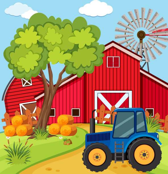 农场里蓝色拖拉机的场景图片下载
