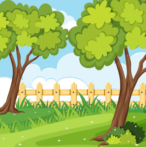 背景场景与树木和篱笆素材图片