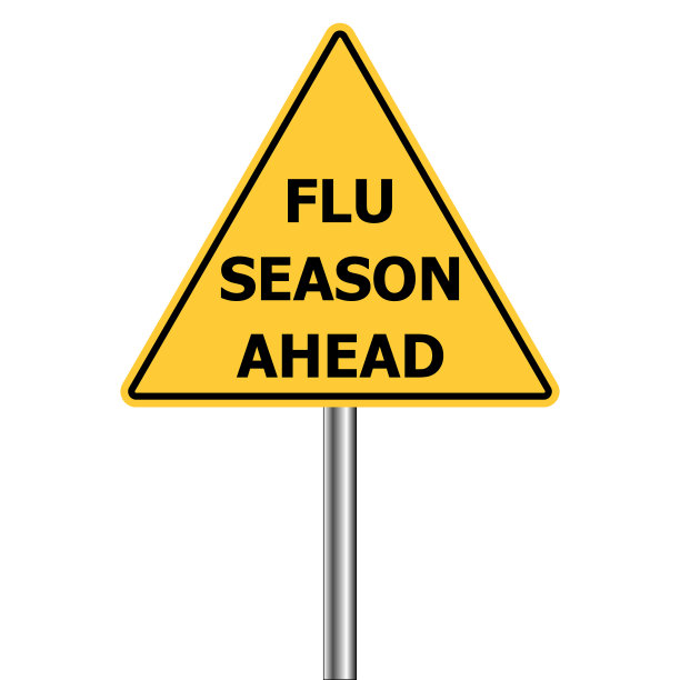 黄色三角形警告标志，“警告—提前注射流感疫苗”，流感季节警告H1N1图片下载