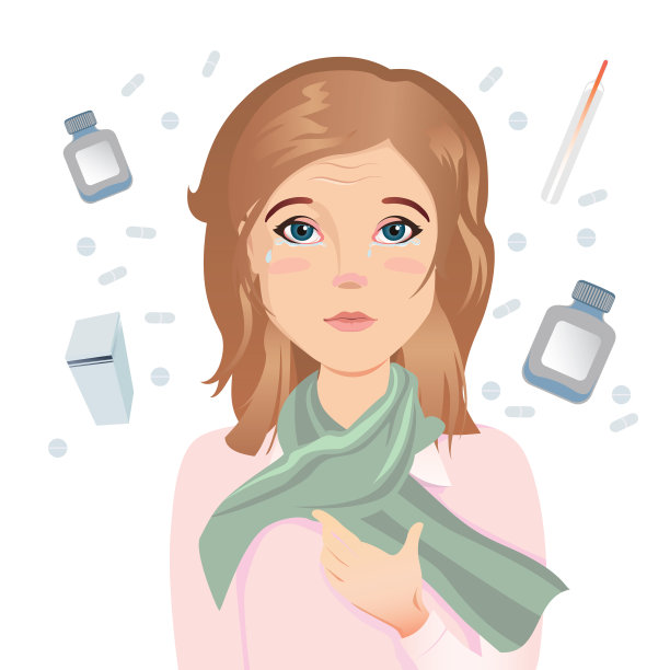 年轻女子过敏，眼睛发痒，流泪，眼睛发红。她病了。药片，胶囊，药物在白色的背景上。图片下载