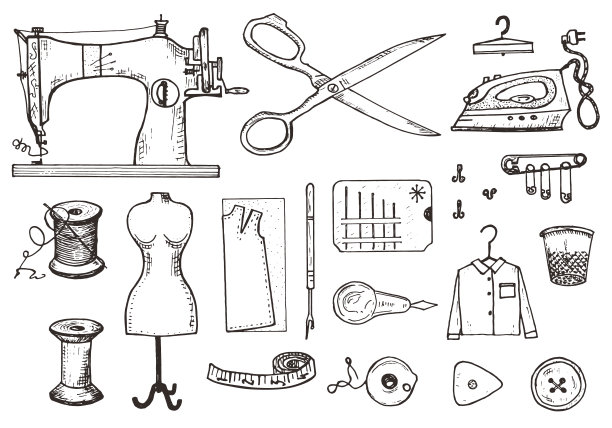 一套用于缝纫的工具、材料或部件。手工制作的设备。裁缝店的标签，徽章。缝线和针，人体模型。雕刻手绘写实在旧的古董素描图片下载